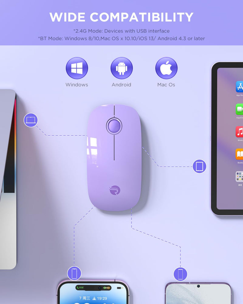 [AUSTRALIA] - RAPIQUE Wireless Bluetooth Mouse - (BT5.1+USB) Slim Dual Mode MacBook Mice with Quiet Click, Long Battery Life, and 1600 DPI High-Precision Optical Tracking for Laptop/iMac/iPad Pro/Computer (Purple) Purple 