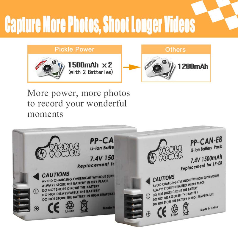 LP-E8 Battery 2 Pcs 1500mAh, 7.4V Replacement for Canon LP-E8 LP E8 Battery and Canon EOS Rebel T2i T3i T4i T5i EOS 550D 600D 650D 700D Kiss X4 X5 X6 Camera and Pickle Power Dual Slots USB Charger.