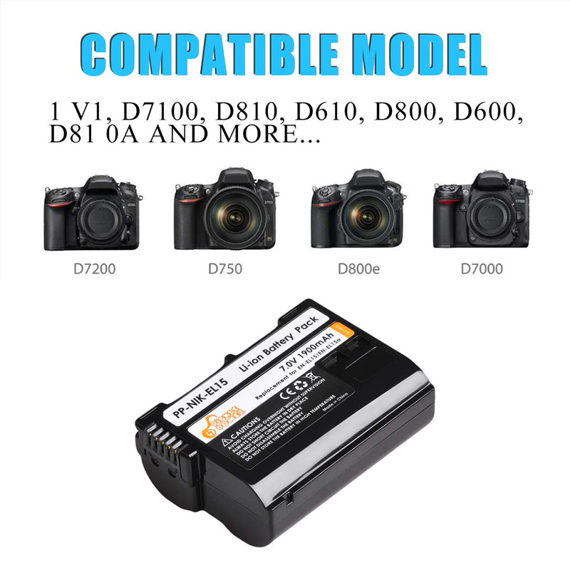 Pickle Power EN-EL15 EN EL15A Batteries and Smart LCD Dual Charger Compatible with Nikon D850, D810, D810A, D800, D800E, D7500, D7200, D7100, D7000, D750, D810, D610, D600, D500, 1v1 Cameras