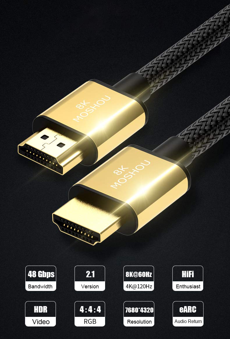 SIKAI MOSHOU Ultra High Speed HDMI 2.1 Cable 8K 60Hz, 4K 120Hz, 3D Ultra HDR 48Gbps HiFi eARC Dolby Atmos HDCP2.2 HDMI Cable Compatible with Samsung QLED 8K Q900 TV, TCL Roku TV, VIZIO TV (12 Feet) 12 Feet