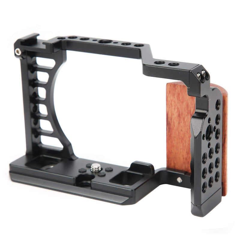 Vlog Camera Cage for Sony A7C, Camera Video Stabilizer Shooting Cage Kit with Wooden Handle Grip, with 1/4in & 3/8in Screw Hole and Cold Shoe Mount
