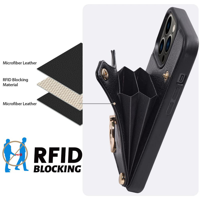 [AUSTRALIA] - LAMEEKU Compatible with iPhone 13 Pro Case Wallet 6.1'', Leather Case with Card Holder, RFID Blocking, 360°Rotation Ring Kickstand, Snap Button Protective Case Designed for Apple iPhone 13 Pro Black 