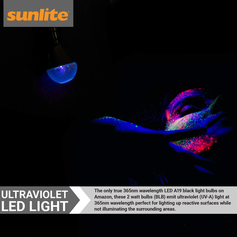 [AUSTRALIA] - Sunlite 80114-SU LED A19 Black Light Bulb The Only True 365nm Wavelength On Amazon, Inconspicuous UV-A Rays – Bright Glow Effect, 2 Watts, 1 Pack, BLB 