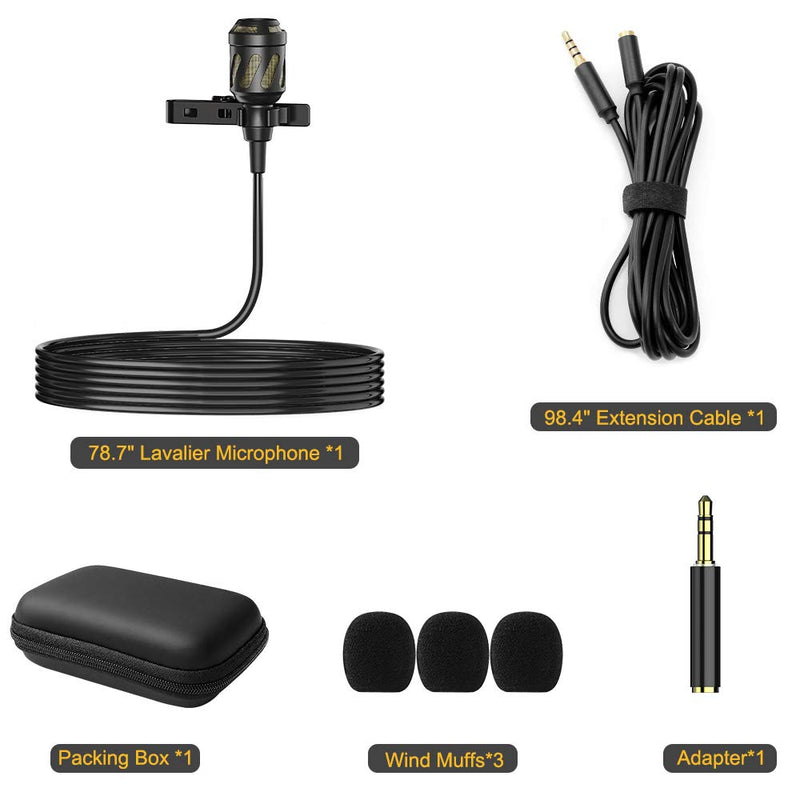 [AUSTRALIA] - Upgraded Lavalier Lapel Microphone, 78.7” Omnidirectional Condenser Noise Cancelling Mic with 98.4” Extended Cable for iPhone, Android, DSLR Camera, Computer, YouTube, Interview, Studio, Video 