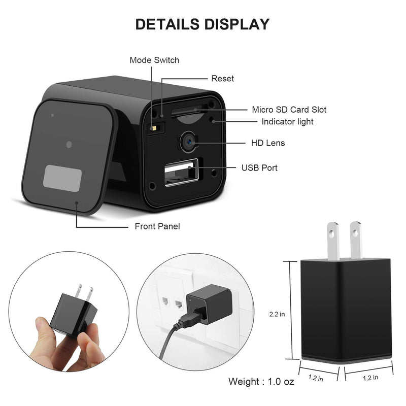 Hidden Camera Charger WiFi,USB Spy Camera Charger,Spy Cameras Wireless Hidden 1080P HD Live Streaming with App, Nanny Cam Motion Activated, with 32GB MicroSD Card Class 10 BLACK01