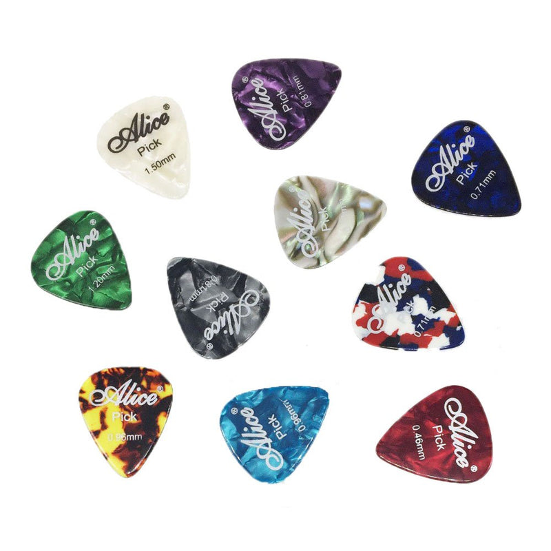 Alice 12pcs Celluloid Plectrums Acoustic Electric Guitar Colorful Picks 0.46mm/0.71mm/0.81mm in 1 Round Metal Picks Box