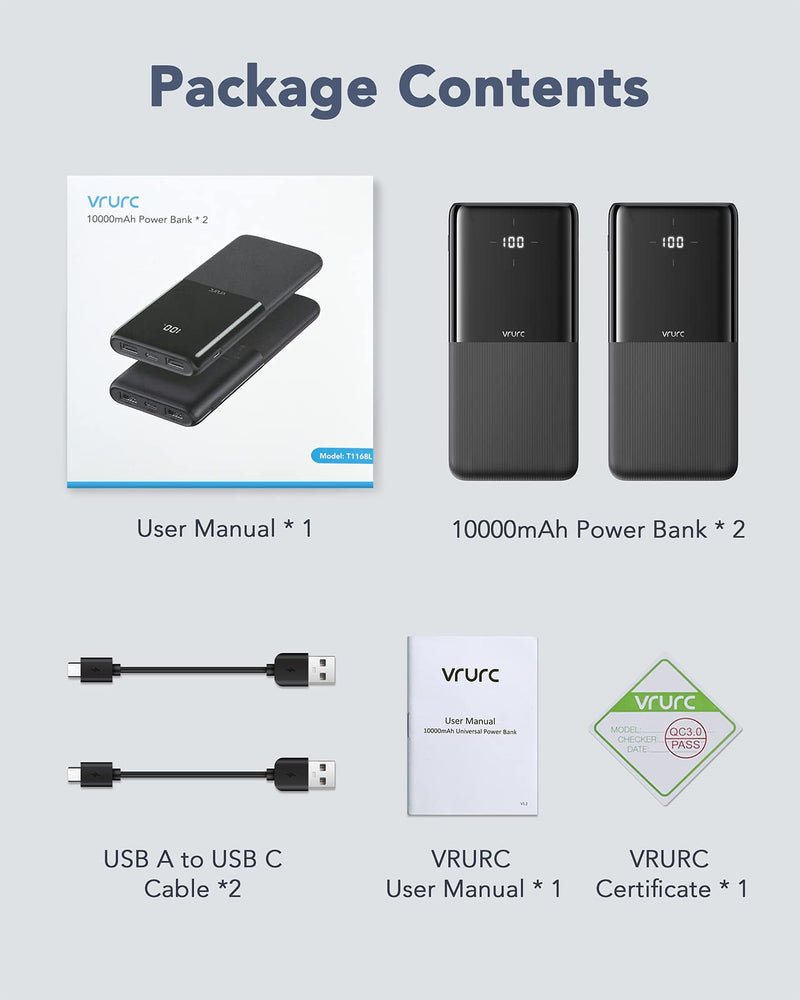 [AUSTRALIA] - VRURC Power Bank 2 Pack, 10000mAh Portable Charger with USB-C & 2 USB Outputs,2 Inputs,LED Display - Slim & Lightest Portable Phone Charger for iPhone/Samsung/Google/LG/Pixel and etc,Black & Black Black-Black 