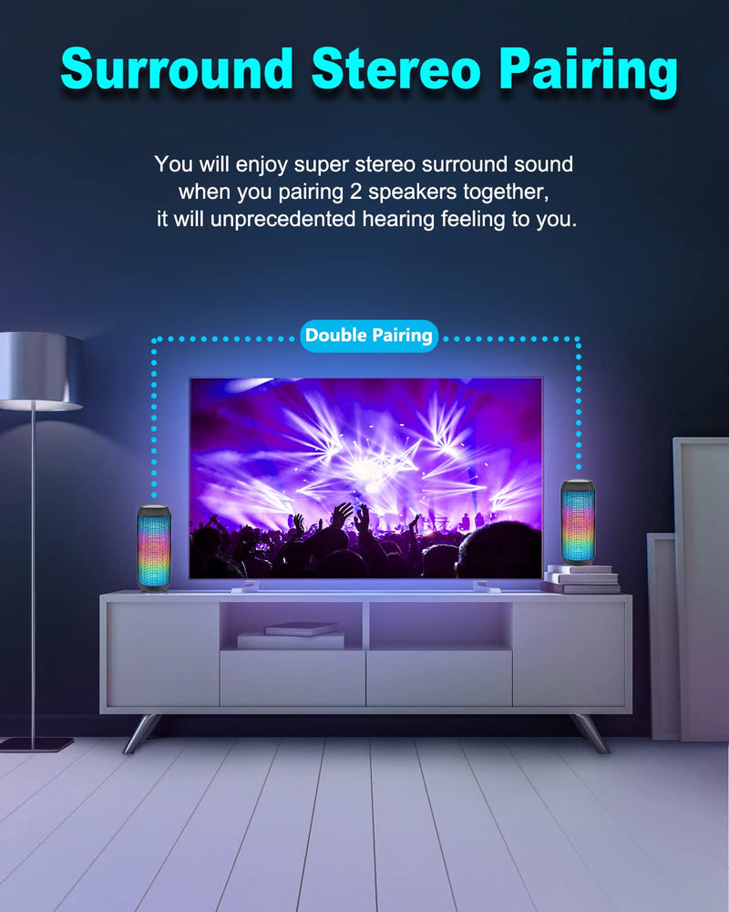 Wireless Bluetooth Speaker - Portable Speaker with Multi LED Light Dynamic Modes, IPX4 Waterproof Bluetooth Speakers, Support TWS Surround Stereo Sound Playing, Lightweight for Party Outdoor Camping Black