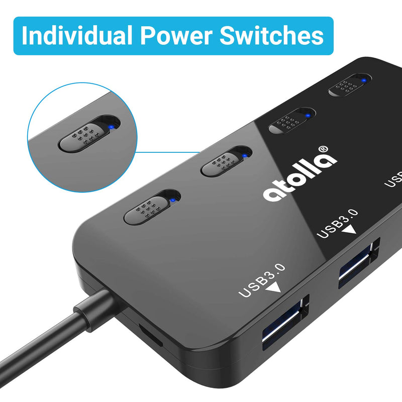 USB 3.0 Hub Splitter - USB Extender 4 Port USB Ultra Slim Data Hub with Individual Power Switch and LED