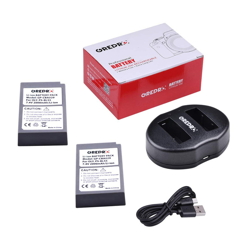 Grepro PS-BLS-5 BLS5 BLS50 Rapid Dual USB Camera Battery Charger Set with 2 Pack Replacement Battery for Olympus BLS-5, BLS-50, PS-BLS5, OM-D E-M10, Pen E-PL2, E-PL5, E-PL6, E-PL7, E-PM2, Stylus 1