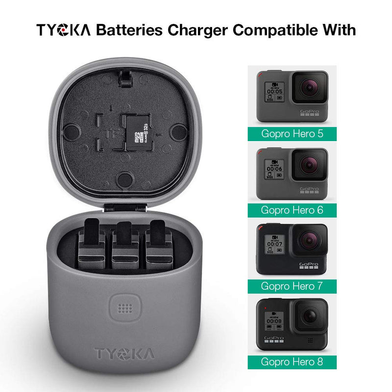 TYCKA Battery Charger for GoPro Hero 8 Hero 7 Hero 6 Hero 5 Camera, 3 in 1 USB Triple Battery Charger Kit with 3 Channel Charging Port + TF Card Reader + 2 Card Slot Waterproof Battery Protector Allin Box