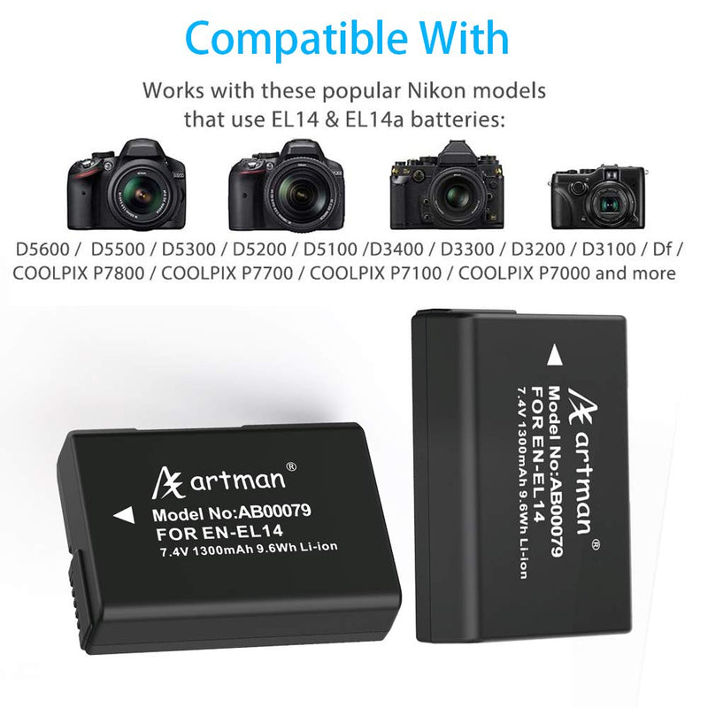 EN-EL14 EN-EL14A Artman Battery 2-Pack（1300mAh×2）& LCD Dual Charger for Nikon D3300 D3100 D3200 D3400 D3500 DF D5100 D5200 D5300 D5500 D5600 Coolpix P7000 P7100 P7700 P7800 Cameras