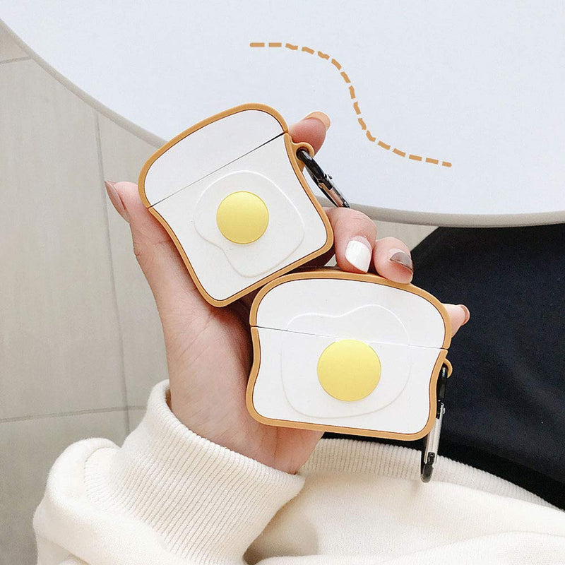 TOUBN Airpods Charging Case, Creative Egg Bread Design Wireless Earphone Cover, Soft Silcone Anti-Scratch Full Protective Skin For Airpods Pro With Hook