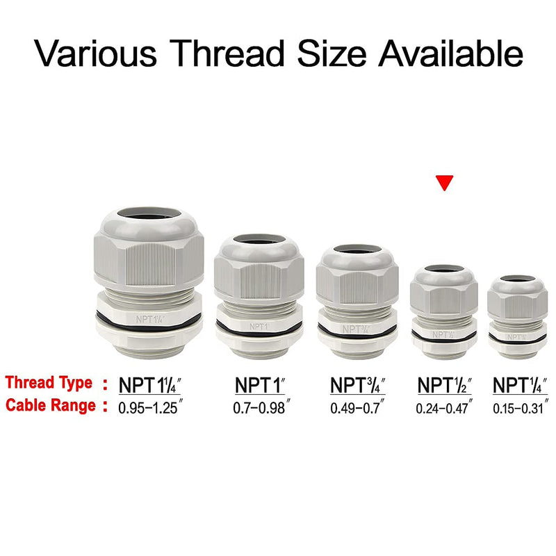 LeMotech 20 Pack NPT 1/2" Cable Glands Waterproof Adjustable 6-12mm Cable Connectors Grey Nylon Joints with Gaskets 1/2inch 20-pack Gray