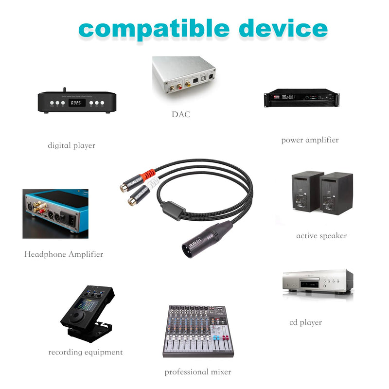 HUALEU 1FT XLR to 2 RCA Y Splitter Patch Cable, Dual RCA Female to XLR Male,XLR Male to Dual RCA Female Audio Cable Adapter for Speaker Condenser Mic Mixer AMP, XLR Male to Dual RCA