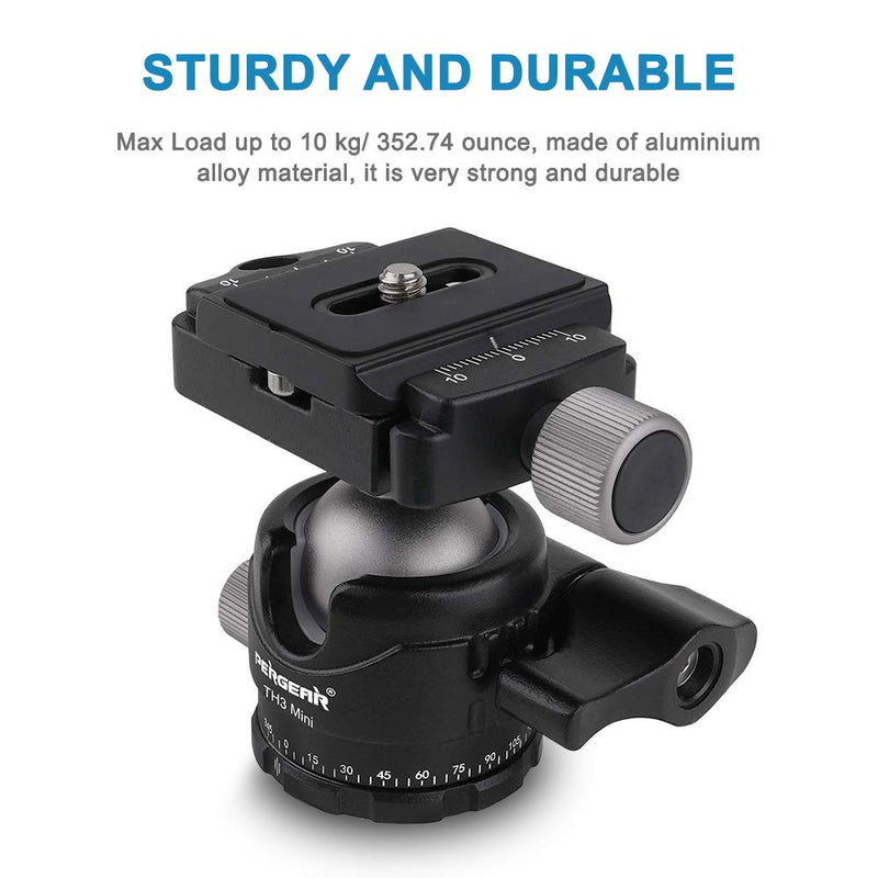 Pergear TH3 Mini DSLR Camera Tripod Ball Head, Aluminum Alloy Build Quality, 10kg/ 22 lbs Payload, Weight Only 194g/6.84oz, Free Rotation Ball Head