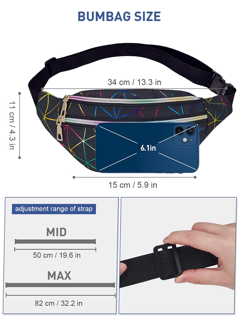 LIVACASA Holographic Fanny Packs for Women Cute Black Waist Packs Shiny Waist Bum Bag Waterproof for Travel Party Festival Running Hiking 12.2''x 5.1''x 3.1''