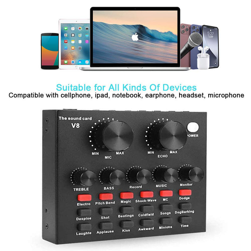 V8 Sound Card, Recording Sound Card for Microphone, Computer, Mobile Phone, IPad, PS4 Voice Changer Device with Multiple Funny Sound Effect - USB Audio Interface
