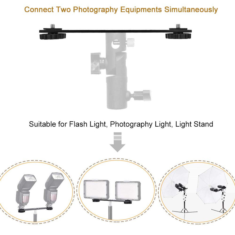 UTEBIT Dual Flash Bracket Tripod Mount 8" 20.5cm with 1/4" Screw & Hot Shoe 2 Pack Video Light Bracket Speedlite Holder for 2 Cameras Compatible for Photography, Studio, LED Light, Stand, Tripod, DSLR