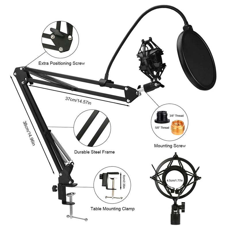 Microphone Stand Set, zootop Mic Boom Stand with Scissor Microphone Stand Shock Mount Mic Pop Filter Screw Adapter Magic Strap Ties for Video Recording Radio Broadcasting