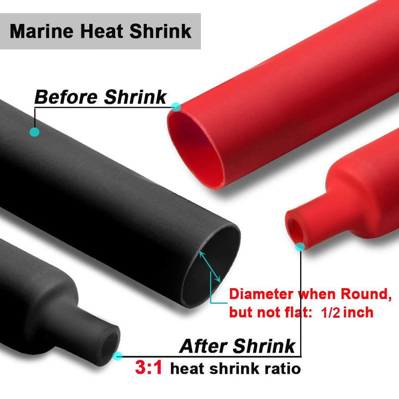 2 Pcs 1/2 inch (Diameter) Heat Shrink Tubing, 3:1 Adhesive-Lined Large Heat Wire Shrinkable Tube by MILAPEAK (4 Feet, Black & Red) 4FT (1/2", 2 Pcs)