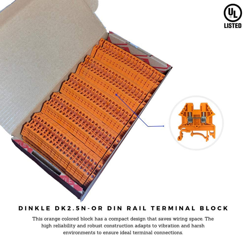 Dinkle Orange DK2.5N-OR DIN Rail Terminal Block Screw Type UL 600V 20A 12-22AWG, Pack of 100