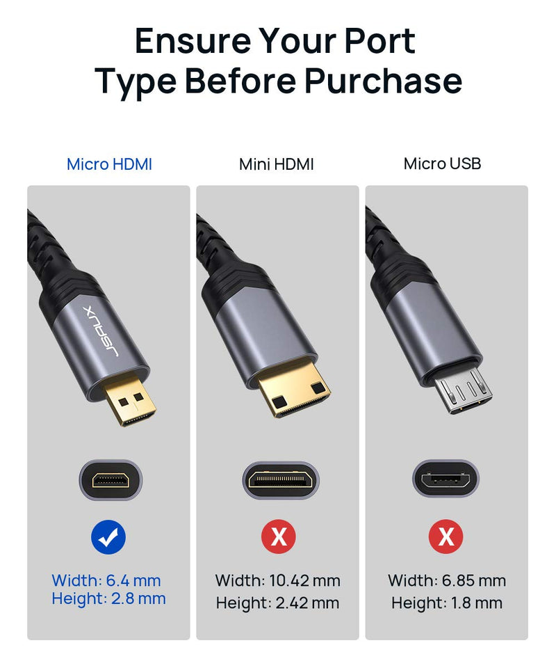 4K Micro HDMI to HDMI Cable 3.3 FT, JSAUX Micro HDMI to Standard HDMI Cord Braided Support 4k 60Hz HDR 3D ARC 18Gbps Compatible with Sony A6000 A6300 Camera, Lenovo Yoga and More (Grey) 3.3ft