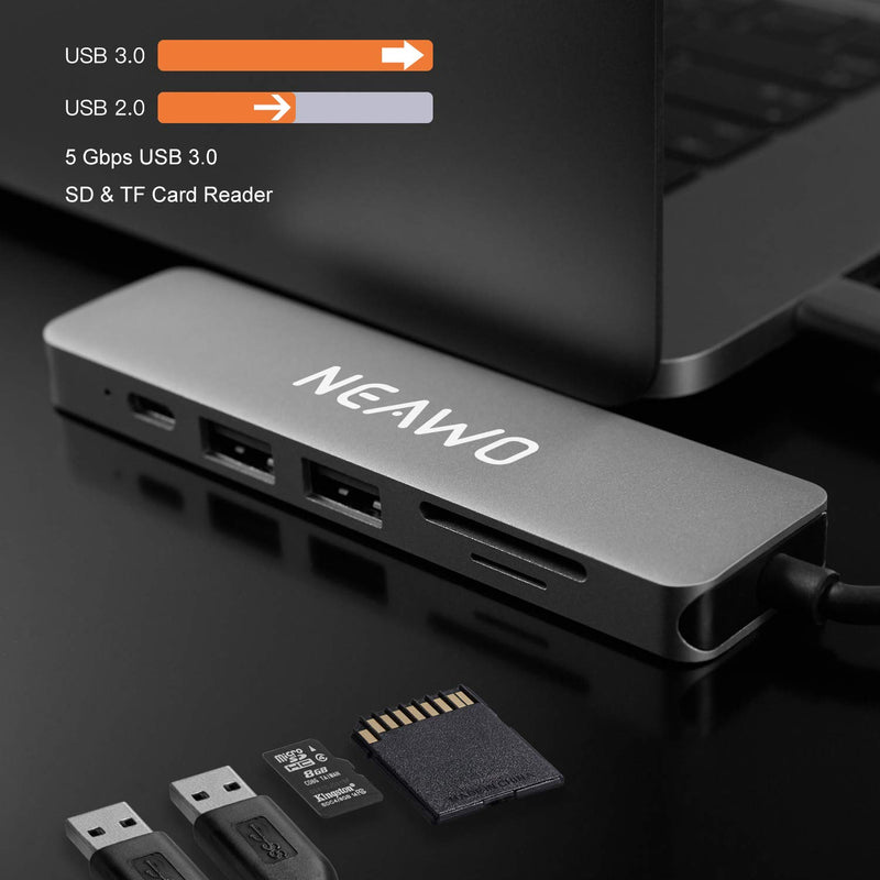 USB C Hub, Neawo 6-in-1 Type C Hub with HDMI 4K Adapter, PD3.0 USB-C Female Charging Port, SD/TF Card Reader, 2 USB 3.0 Ports Compatible MacBook Pro 2018, HW MateBook, Chromebook and More USB C Devi
