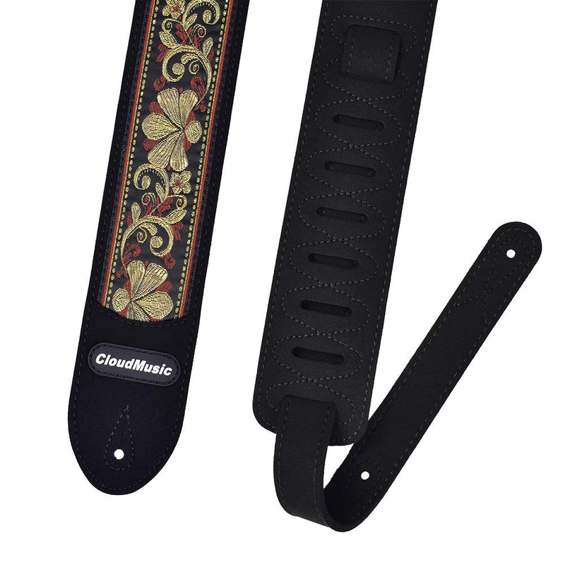 CLOUDMUSIC Vegan Guitar Strap Micro Fiber Leather Vegan Leather With Vintage Embroidered Pattern Guitar Strap Locks Free (Vintage Brown) Vintage Brown