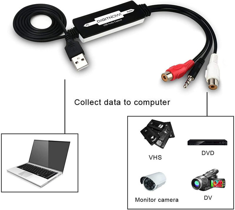 USB Audio Capture Card Grabber for Vinyl Cassette Tapes to Digital MP3 Converter, Support Mac & Windows 10/8.1/8 / 7 / Vista/XP