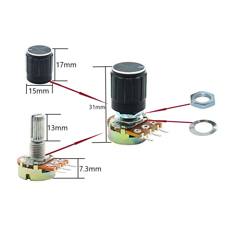 Dafurui 21Pcs[7 Values x 3pcs] B5K B10K B20K B50K B100K B250K B500K Rotary Potentiometer Linear Potentiometer Kit 3 Terminals 20mm Shaft with Nuts, Washers and Aluminum Alloy knobs