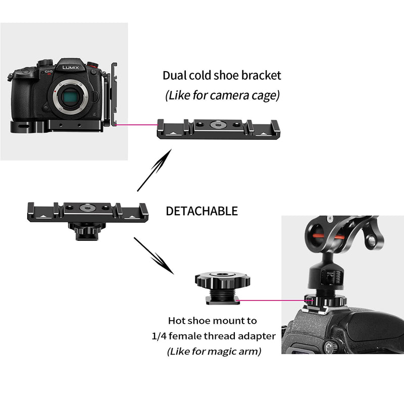 Atmoshue Dual Cold Shoe Mount Bracket, Camera Hot Shoe Mount Adapter, Dual Cold Shoe Mount Extension Bar with Hot Shoe Adapter/Cable Slot Bayonet/1/4 Thread Holes for Microphone,Led Flash,Monitor
