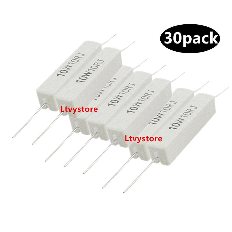 Cement Resistor,Ltvystore 30Packs 10W 10 Ohm 5% Axial Lead Wire Wound Fixed Ceramic Cement Resistors Flame Resistance 1.9" x 0.39" x 0.35"