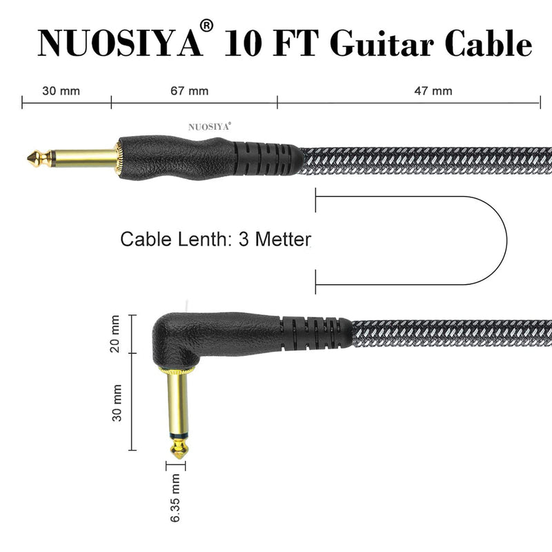 NUOSIYA Professional Guitar Cable 3M/10ft, 6.35mm 1/4" Straight to Right Angle Mono Jack Braided Instrument Cable for Electric Guitar, Bass, Amp, Keyboard, Mandolin, Mixing Desks-Grey Grey