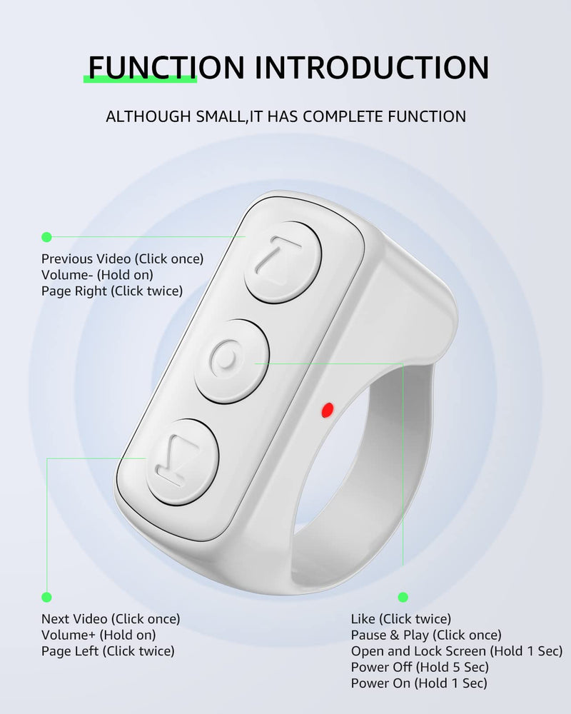TIK Tok Bluetooth Remote Control Wireless Page Turner Tiktok Scrolling Control Rechargeable with Ring Design for iPhone Android Ipad Cell Phone (White) White