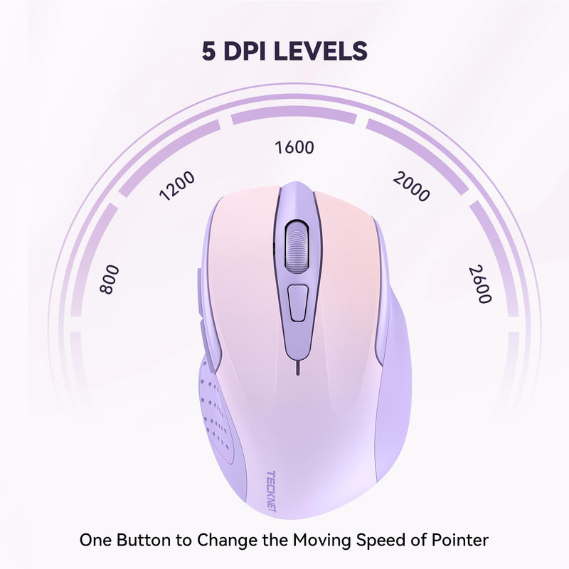 TECKNET Wireless Mouse, 2.4G Ergonomic Optical Mouse, Computer Mouse for Laptop, PC, Computer, Chromebook, Notebook, 6 Buttons, 24 Months Battery Life, 2600 DPI, 5 Adjustment Levels Gradient Lavender