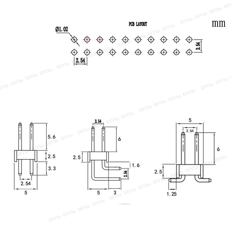 DIYhz 20 PCS (ROHS) Double Row 2 * 40 80P Bendt Angle Male PCB Pin Header 2.54 mm Male Pin Header Connector Gold for Computer and breadboard