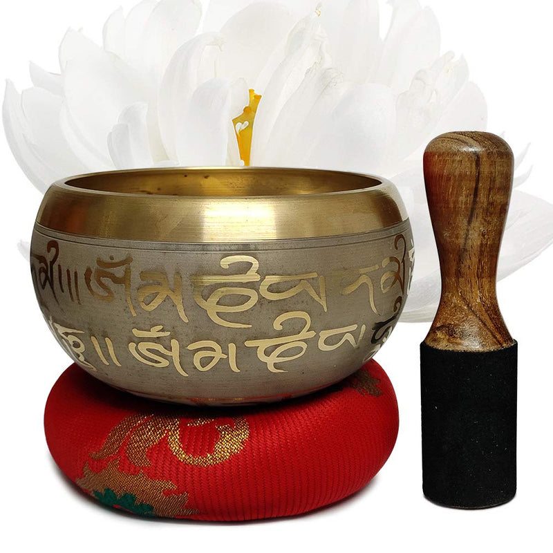 Hand Crafted Tibetan 4 Inch Mantra Singing Bowl Set By Trumiri - Helpful for Meditation Chakra Healing Relaxation Peace Mindfulness with Premium Tulsi Beads, Flag, Mallet, Cushion & Potli (Bag)