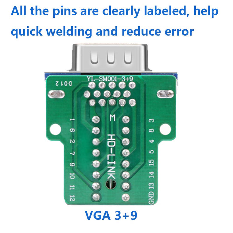 Jienk 2Pcs VGA DB15 3Row Female Adaptor, 16mm Thinner Solderless Metal Case 3+9 D-SUB 15Pin Terminal Breakout Board Connector