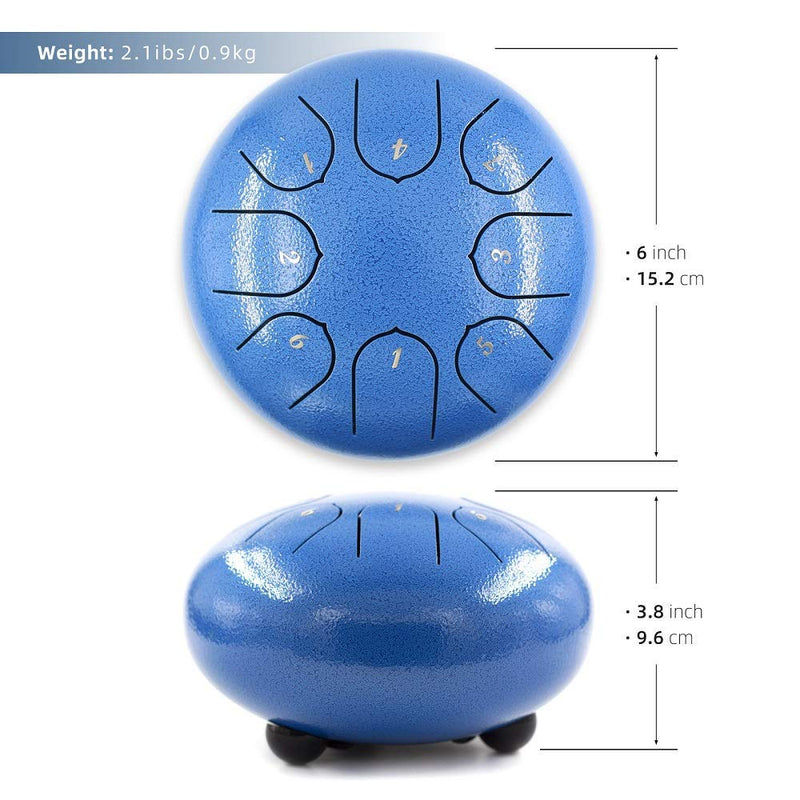 BURNING&LIN Steel Tongue Drum Chakra Tank Drum 8 Notes 6 inches C-Major Handpan Drum with Bag Music Book Mallets Finger Picks (Lake Blue)