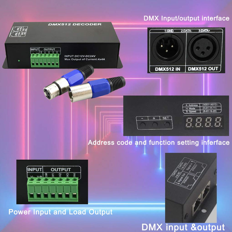 [AUSTRALIA] - AZIMOM Led DMX512 Decoder Controller with Digital Display 4 Channels 4X4A Dimming Driver for RGB 5050 3528 Tape Strip Light 4 channle with display 