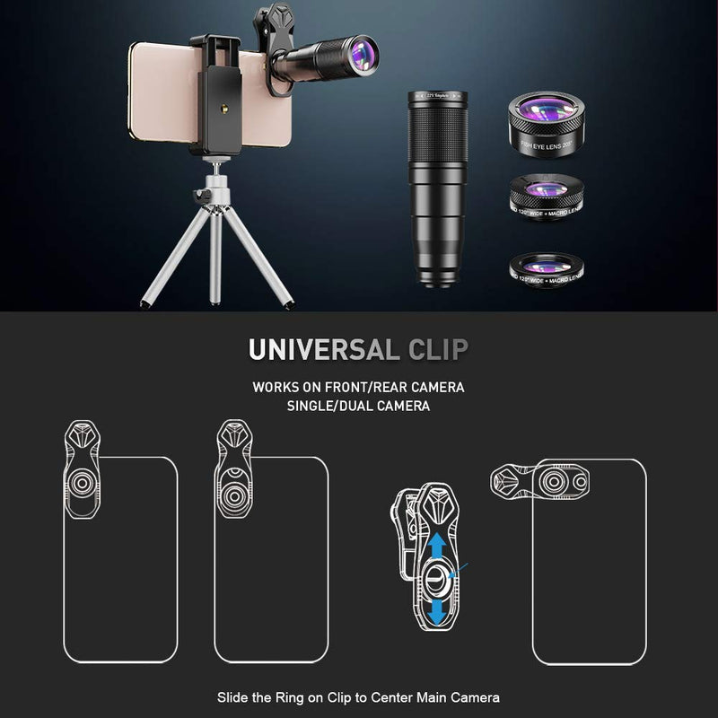 Apexel 6 in 1 Phone Lens Kit - 22X Telephoto Lens, 205° Fisheye Lens, 120° Wide Angle Lens & 25X Macro Lens(Screwed Together), Compatible with iPhone 11 8 7 6 6s Plus X Xs/Max XR Samsung