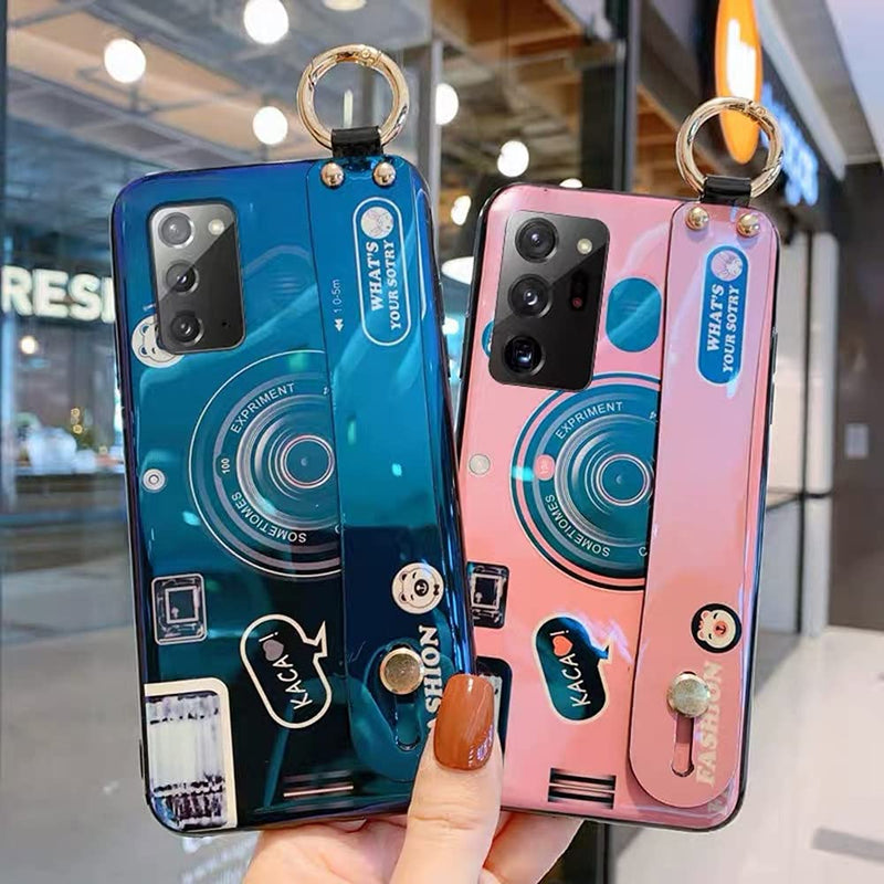 Aulzaju Case for Samsung Note 20 for Girls Women with Wrist Strap Stand Bling Holographic Cute Cartoon Camera Design with Ring Holder Kickstand Soft Sleek TPU Bumper Cover for Galaxy Note 20 Blue Samsung Galaxy Note 20