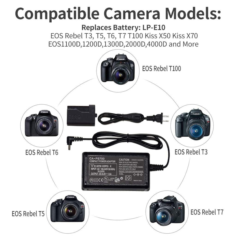 ACK-E10 AC Power Adapter and DR-E10 DC Coupler Charger Kit Compatible with Canon EOS Rebel T3, T5, T6, T7, T100, Kiss X50, Kiss X70 Digital Cameras (Canon LP-E10 Battery Replacement) ACK-E10 power supply