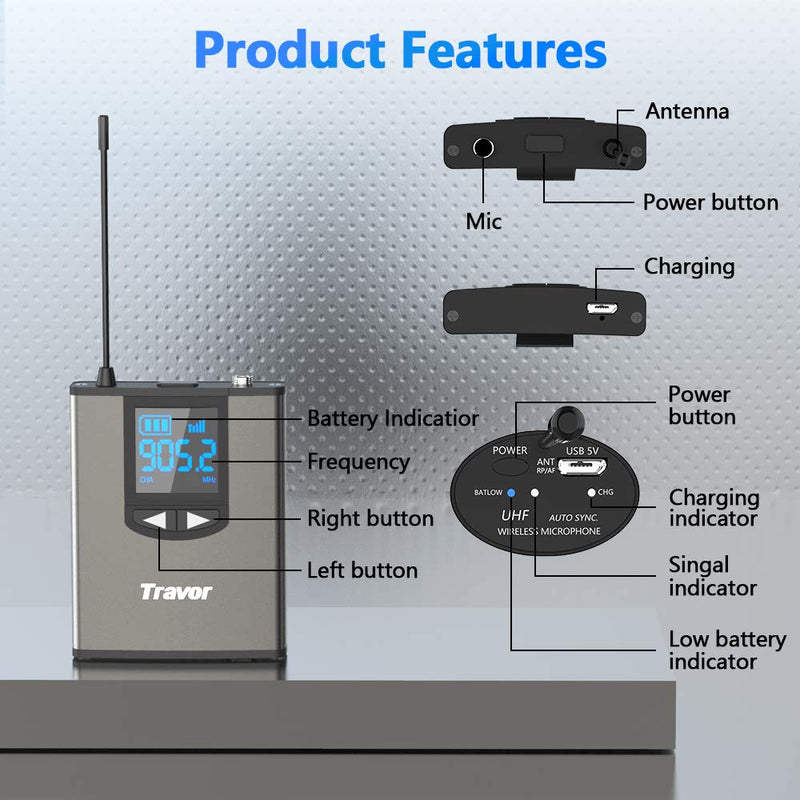 [AUSTRALIA] - Travor Wireless Microphone System Headset/Lavalier Lapel Mic 164ft Range with Rechargeable Bodypack Transmitter & Receiver 1/4" Output for Live Performances, Support Phone 