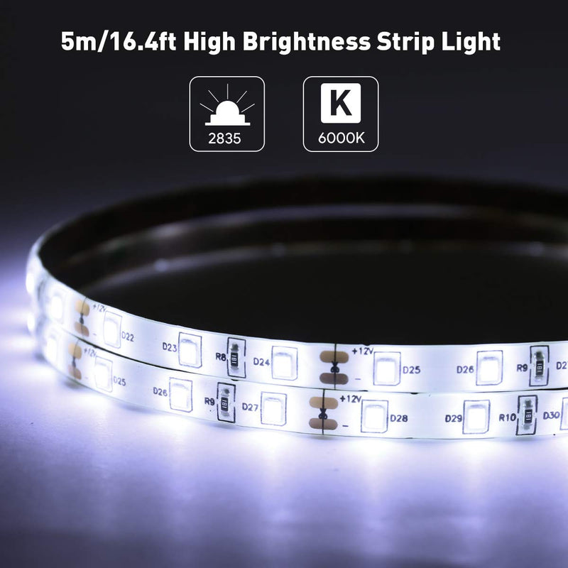 [AUSTRALIA] - LE 12V LED Strip Light, Flexible, Waterproof, SMD 2835, 16.4ft Tape Light for Christmas, Home, Kitchen and More, Daylight White（Power Adapter not Include） 