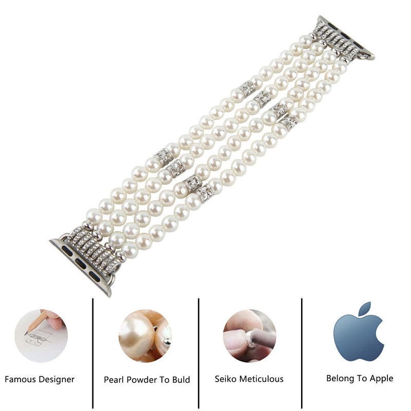 GEMEK Compatible with Apple Watch Band 38mm 42mm Women iWatch Bands Series 6/5/4/3/2/1, Handmade Beaded Elastic Stretch Pearl Bracelet Replacement Strap for Girls Wristband White 42mm/44mm
