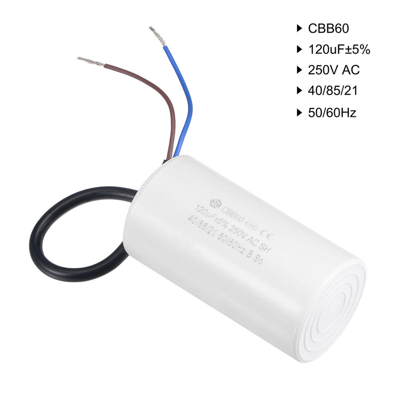 uxcell CBB60 Run Capacitor 120uF 250V AC 2 Wires 50/60Hz Cylinder 96x49mm White for Air Compressor Water Pump Motor