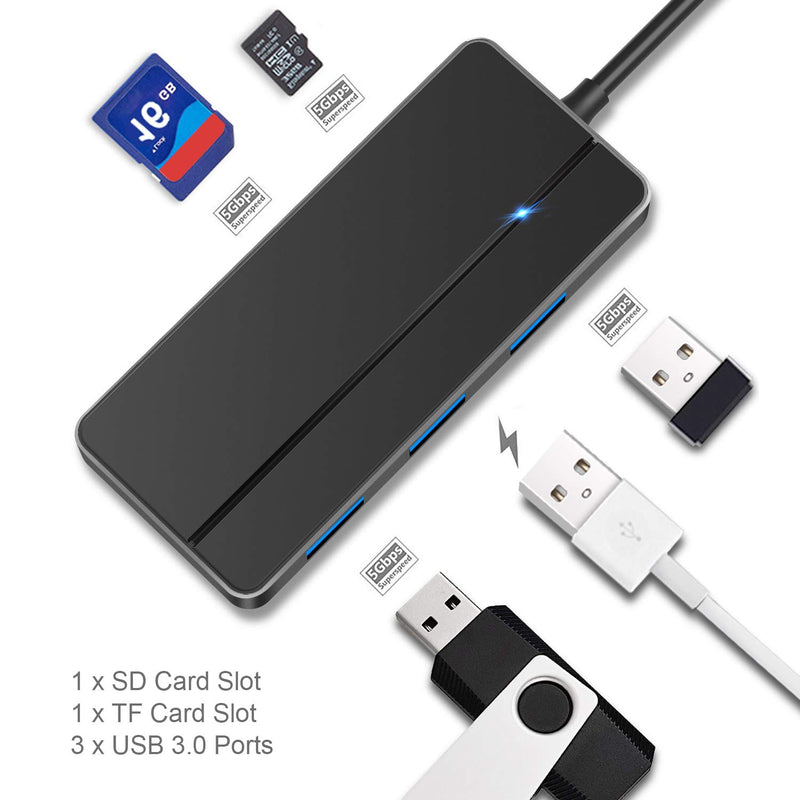 Aiibe USB HUB USB 3.0, Ultra Slim Data Hub 3-Port USB 3.0 + SD & TF Card Reader Port Black Small USB 3.0 Hub Splitter for PC, Laptop, Mac, USB A Port Device Type-A Black ( 6 in 1)