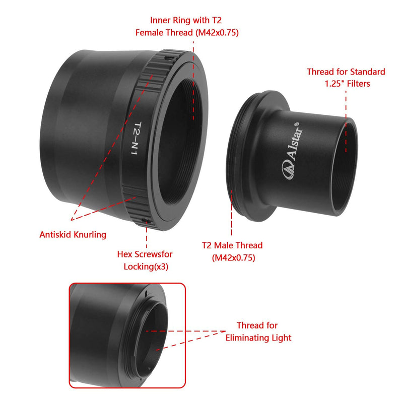 Alstar T2 N1 T Mount Lens Adapter and M42 to 1.25" Telescope Adapter (T-Mount) for Nikon 1 Series Camera J1, J2, J3, V1, V2